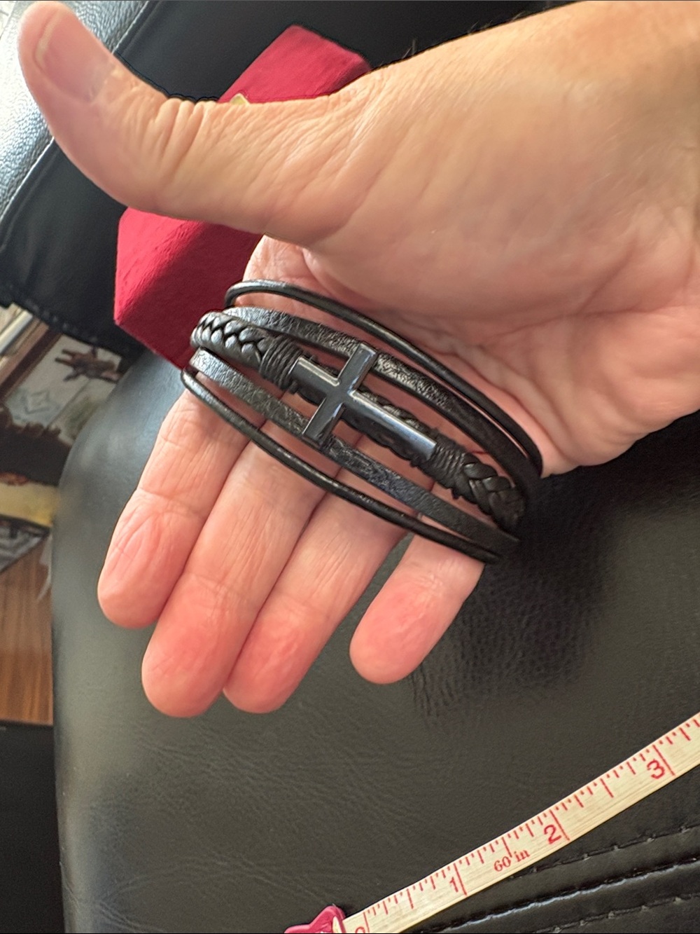 Black Leather Multi-Strand Cross Bracelet
